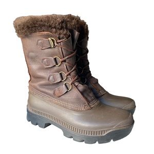 Sorel Womens Badger Leather Winter Snow Boots Brown Fur Trim Lined Waterproof 7
